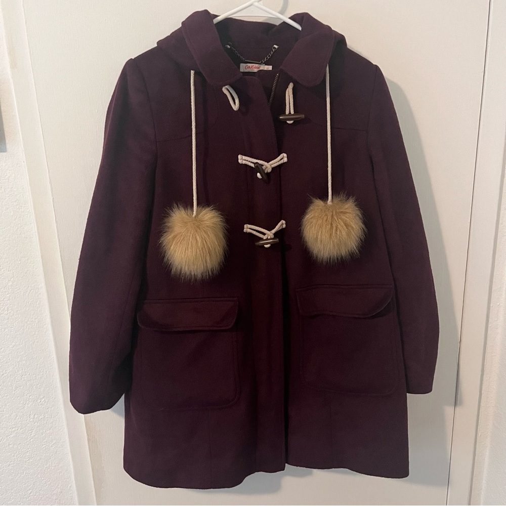Cath Kidston Women’s Duffle Jacket Faux Fur Pom Poms Toggle Zip Burgundy UK 12